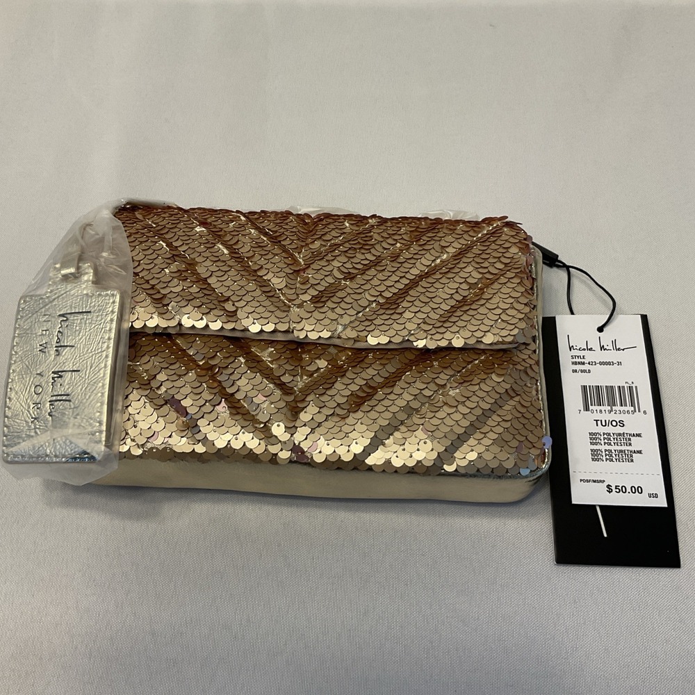Nicole Miller Gold Sequin Chain Strap Crossbody Small Bag Purse Card Slots NWT